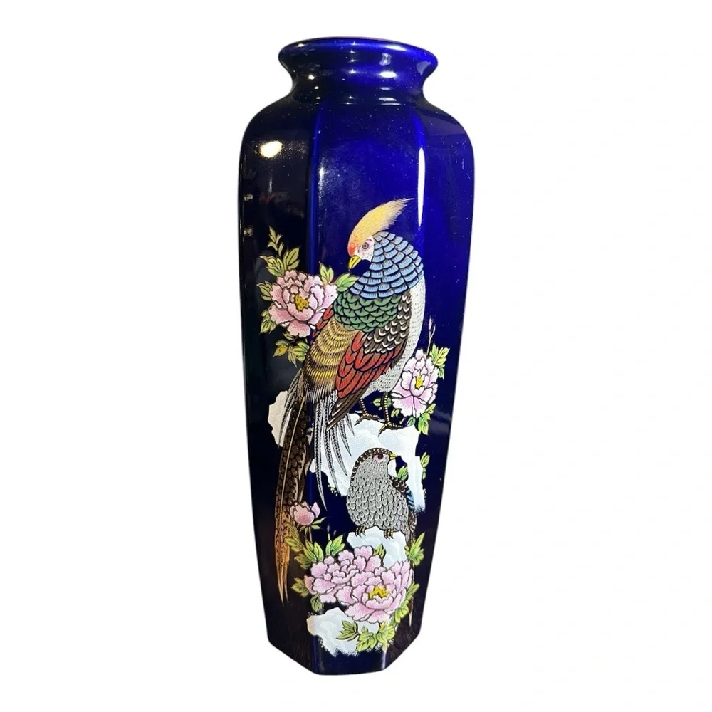 Japanese Blue Vase with Bird and Floral Design, Made in Japan